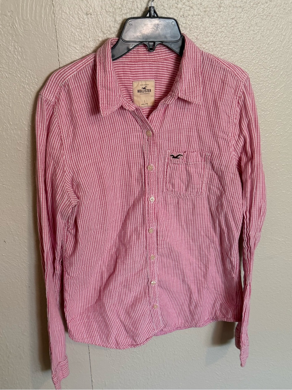 Hollister women’s large Pink Striped Button-Down Shirt